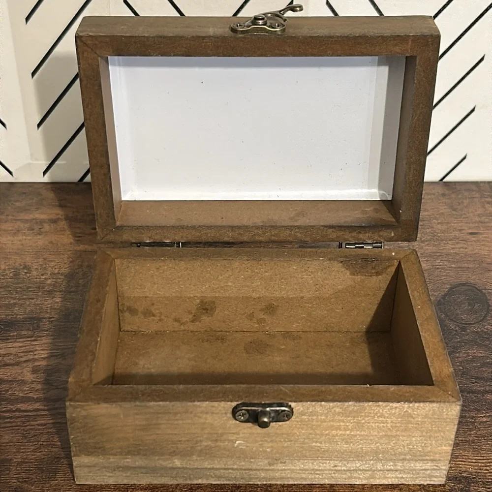 Wooden Trinket Jewelry Storage Box Floral Enamel Tin Top Metal Clasp Closure